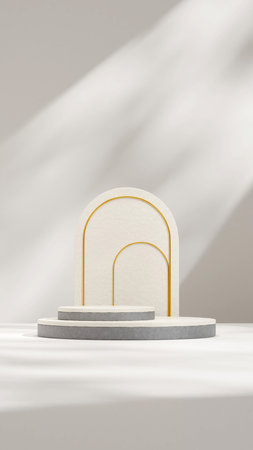 Bright scene terrazzo and concrete texture podium 3d rendering mockup in portrait with gold archの写真素材