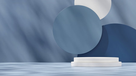 3d rendering shadow blue mockup white podium in landscape with circles as backgroundの写真素材