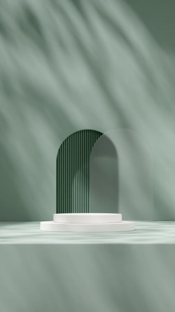 3d rendering mockup template of white podium in portrait with green wall, glass and arch wallの写真素材