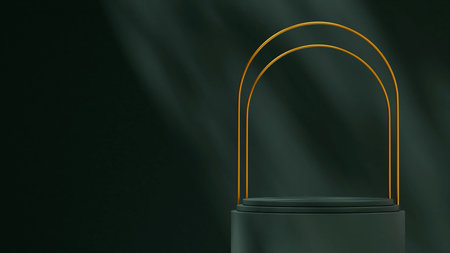Dark green color mockup minimal podium scene 3d rendering in landscape with gold arch backgroundの写真素材