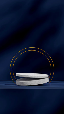 Dark blue 3d rendering image mockup template granite texture podium in portrait with gold circleの写真素材