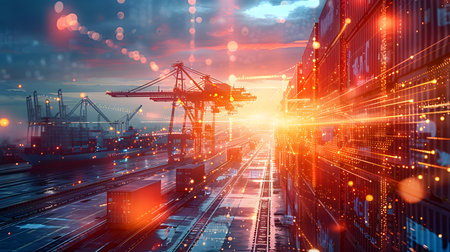 Cargo freight ship with containers at sunset sky background. 3d renderingの写真素材