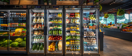Fruits and Vegetables in Refrigerator in Supermarket.の写真素材