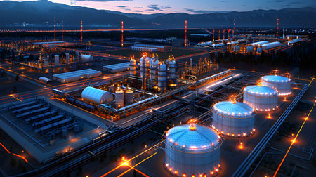 Oil refinery at night with a lot of lights, 3d rendering