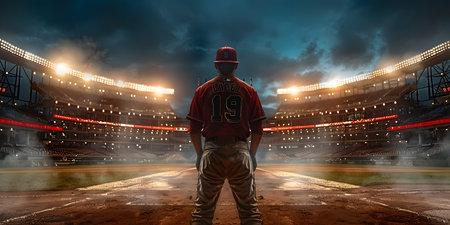 Baseball player in action on the stadium at night. Mixed mediaの写真素材