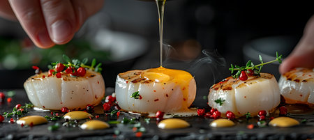 Chef decorating scallops with sauce on a black backgroundの写真素材