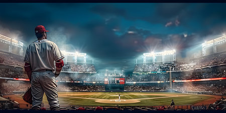 Baseball player in action on the stadium at night. Mixed mediaの写真素材