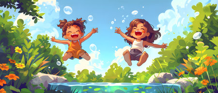 Happy children playing in the park. Vector cartoon illustration of a boy and girl jumping in the water.の写真素材