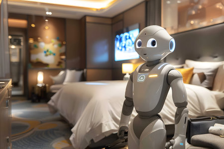 3d rendering humanoid robot in hotel room with bed and pillow.の写真素材
