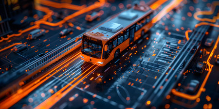 3d illustration of a city bus on a circuit board background.の写真素材