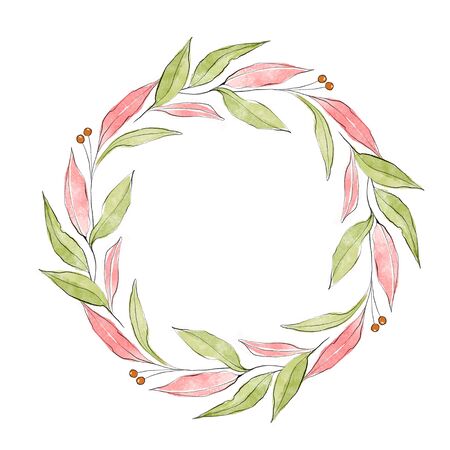 Watercolor wreath with green and pink leavesの写真素材