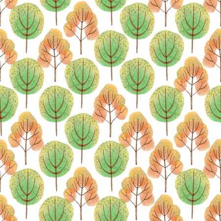Watercolor autumn trees seamless pattern on whiteの写真素材