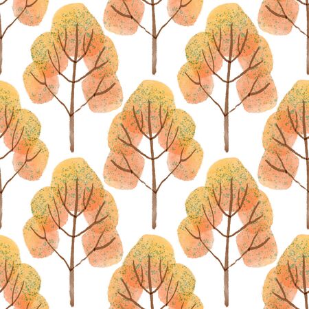 Watercolor autumn trees seamless pattern on whiteの写真素材