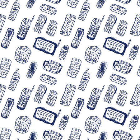 Comic cartoons mobile phoones and devices. Vector seamless background. Really children's drawing.のイラスト素材