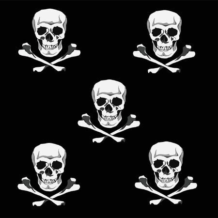 Pattern of human skulls and bones on a black background. Pirate flag symbolのイラスト素材