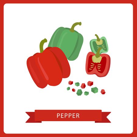 Red and Green bell pepper. Whole and slice isolated on white background. Healthy food, diet. Vector illustration. Flat cartoon styleのイラスト素材