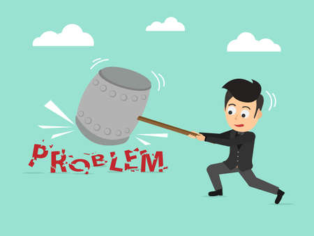Businessman holding a big hammer fighting problem when finding a way to success. Business concept. Flat cartoon style. Vector illustration.のイラスト素材