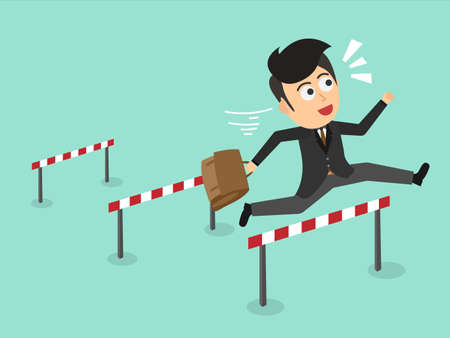 Businessman jumps over the hurdle. Business concept. Flat cartoon style. Vector illustration.のイラスト素材