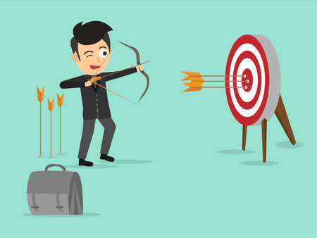 Successful businessman shooting arrow  is aiming at target. Business concept. Flat cartoon style. Vector illustration.のイラスト素材