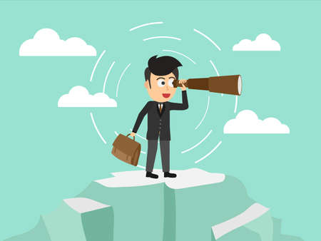 Businessman using telescope or spyglass standing on mountain. Cloud and green sky background. Business concept. Flat cartoon style. Vector illustration.のイラスト素材