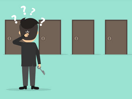 Businessman choosing the doors. Man standing in front of doors. Business concept. Businessman purpose target. Flat cartoon style. Vector illustration.のイラスト素材