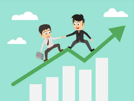 Businessman on growth helping each other to climb arrow of success. Business team work. Business concept. Flat cartoon style. Vector illustration.のイラスト素材