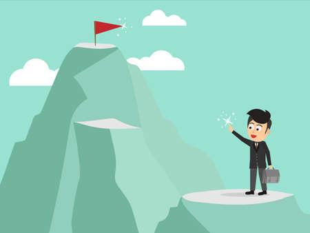 Businessman standing point finger to red flag standing in front climb to mountain. Go to the business success. Business success Vector. Flat cartoon style. Vector illustration.のイラスト素材
