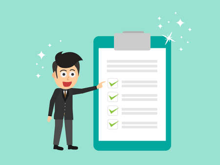 Businessman standing point finger to clipboard with complete checklist paper.
Successful checklist. Business concept. Flat cartoon style. Vector illustration.のイラスト素材