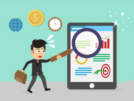 Businessman search engine optimization, Hand holding Magnifying glass to tablet. Research marketing website analysis to SEO Business concept. Flat cartoon style. Vector illustration.のイラスト素材