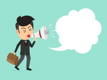Businessman holding megaphone for speech bubble. Space for text. text box bubble. Business concept. Flat cartoon style. Vector illustration.のイラスト素材