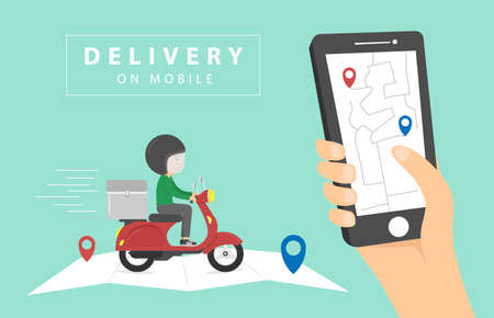 Hand holding smartphone. Delivery man riding a scooter illustration. Vector cartoon illustration. Food service. Delivery on mobile.のイラスト素材