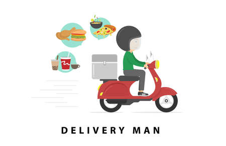 Delivery man riding a scooter illustration. Vector cartoon illustration. Food service. Delivery on mobile.のイラスト素材