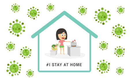 I stay at home awareness social media campaign and coronavirus prevention. Female cooking healthy. Stay at home during the coronavirus epidemic Vector illustration. COVID-19 or coronavirus concept.のイラスト素材