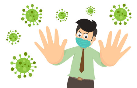 Donât touch. 2 hands of man. Stop the coronavirus outbreak. COVID-19 or coronavirus protection concept.のイラスト素材
