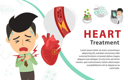 Heart treatment cardiovascular problem, Man and heart pain. Healthy food and Drugs medications.のイラスト素材