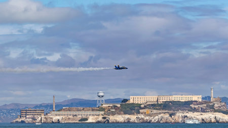 Airplane Blue Angels flying over Alcatraz