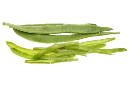 Sliced and whole runner beans isolated against whiteの写真素材