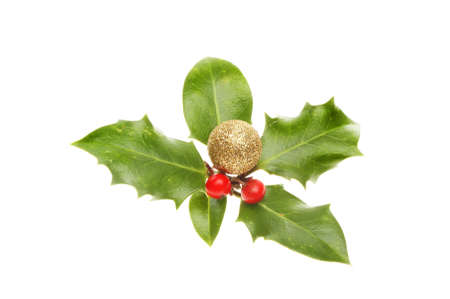 Sprig of holly with a gold glitter Christmas bauble and red berries isolated against whiteの写真素材