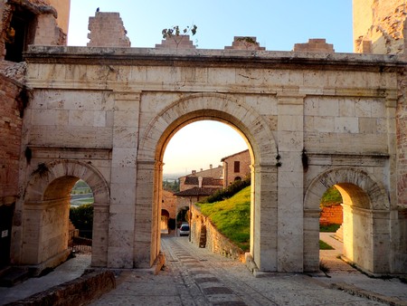 View of Porta Venere and Towers of Properzio in Spello, Umbria (Italy)の写真素材