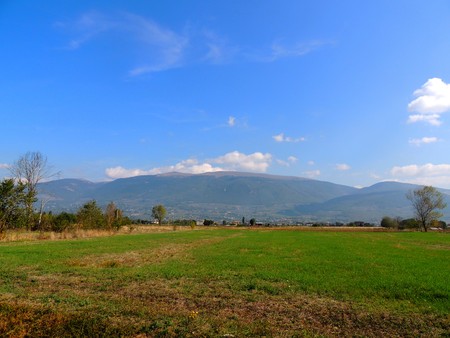 Landscape of Umbrian country with Monte Subasio in the backgroundの写真素材