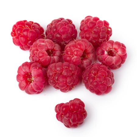 Ripe red raspberries isolated on white backgroundの写真素材