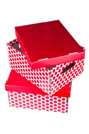 Two red cardboard boxes isolated on white backgroundの写真素材