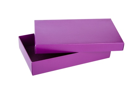 Open empty purple box, isolated on white backgroundの写真素材