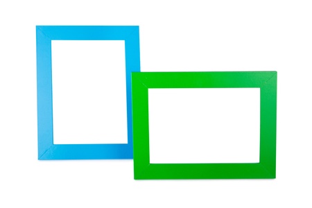 Blue and green picture frames isolated on white backgroundの写真素材