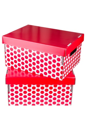 Two red cardboard boxes isolated on white backgroundの写真素材