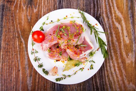Raw fresh meat on a plate with condiments and fresh vegetablesの写真素材