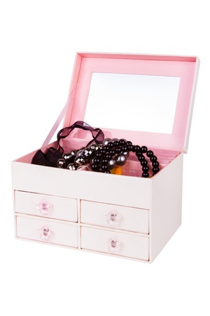 Jewelry box with jewelry inside isolated on white backgroundの写真素材