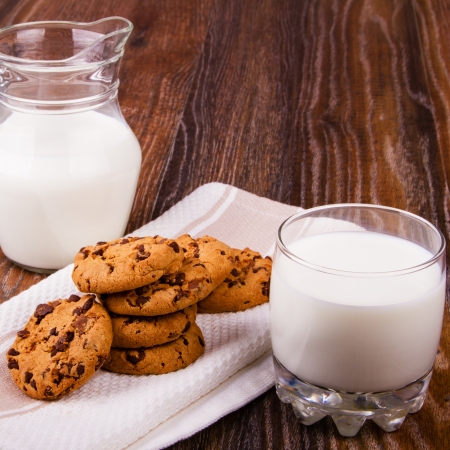 Chocolate chip cookies and a cup of milkの写真素材