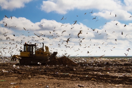 Shot of bulldozers working a landfill siteの写真素材