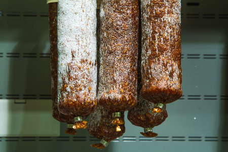 Uncooked smoked sausage on the counter in the store